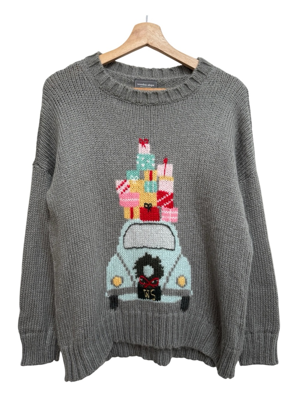 Wooden Ships Wonderful Christmas Sweater Women XS/S Car Gifts Wreath Holiday